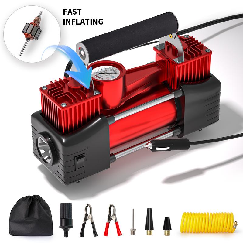Double Cylinders Heavy Duty Portable Air Compressor Car Tire Inflator Electric Pump Auto 12V 150PSI Emergency LED Light for SUV
