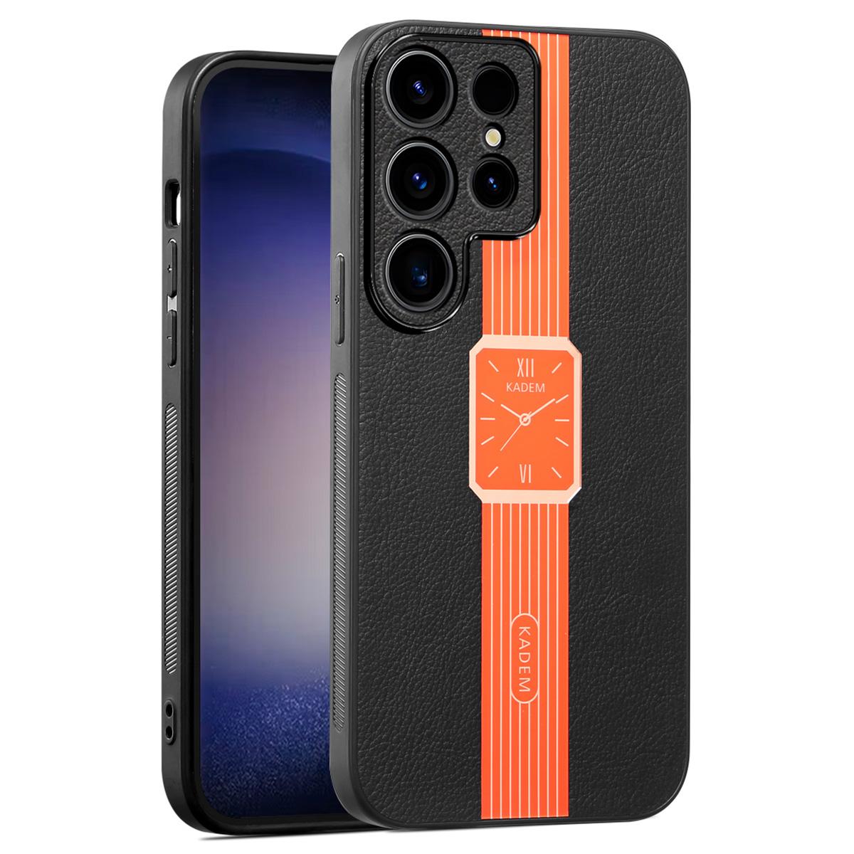 

KADEM For Samsung Galaxy S23 Ultra Cover Leather+TPU+Acrylic Phone Guard Electroplating Case Orange