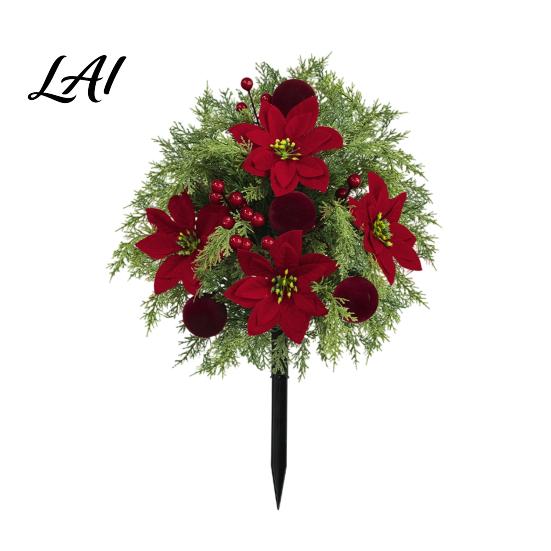 Outdoor Patio Christmas Accents Artificial Poinsettia Flower Yard Stake Red Floral Ground Spike Decor Potted Pine for Weather‑Resistant Fake Plant