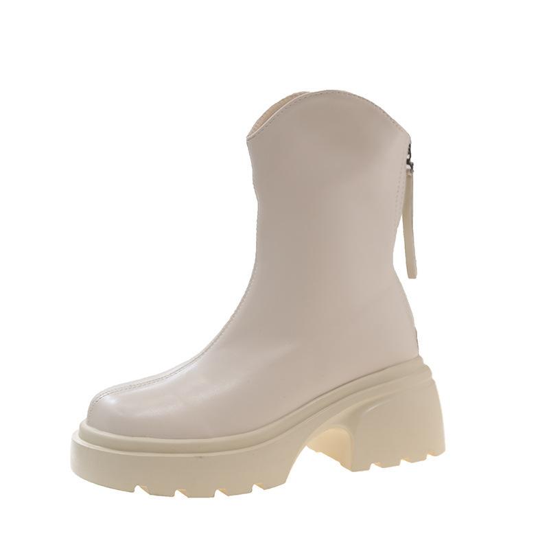 Short boots women's 2025 autumn and winter new round head thick heel V mouth thick sole small boots rear zipper thin Martin boots