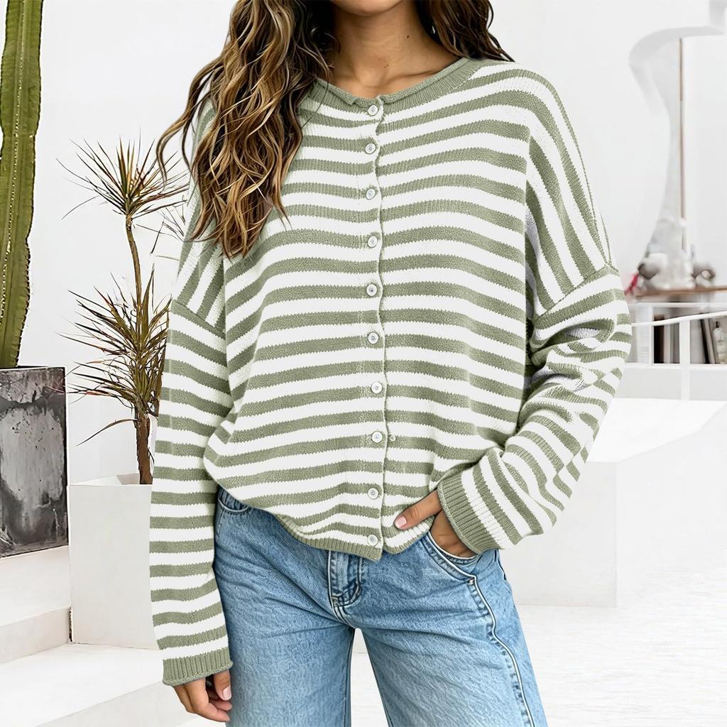 Women's Casual Striped Knit Cardigan Button Front Soft Long Sleeve Sweater for Fall Winter Work