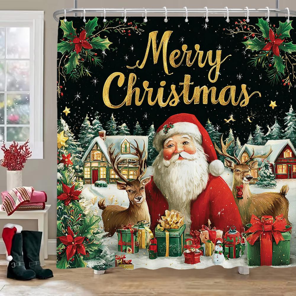 Christmas Santa Claus Snowman Printed Bathroom Shower Curtain with Hooks , Printed fabric for Home Holiday Decoration Curtain