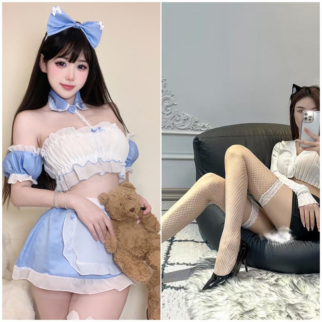 Sexy Bow Blue and White Maid Tube Top Showing Big Buttocks Cute Maid Uniform Pure Desire Suit