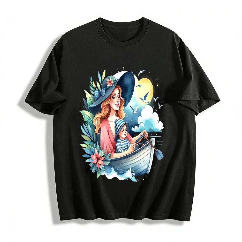 Mom And Kid Sailing Time Print Casual Top Pure cotton T-shirt XXS