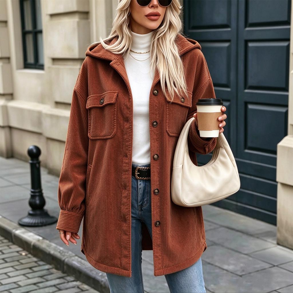 Giacca Cardigan da Donna con Cappuccio in Velluto a Coste Manica Lunga Monopetto con Tasche per Autunno Inverno