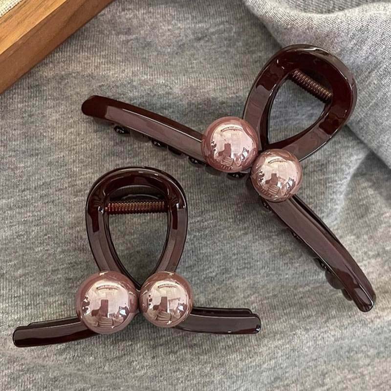 Pince à Cheveux Ronde Perles Café Vintage pour Femmes Filles Clip Requin en Plastique Exquis Grande Pince à Cheveux Headwear Bijoux Accessoires