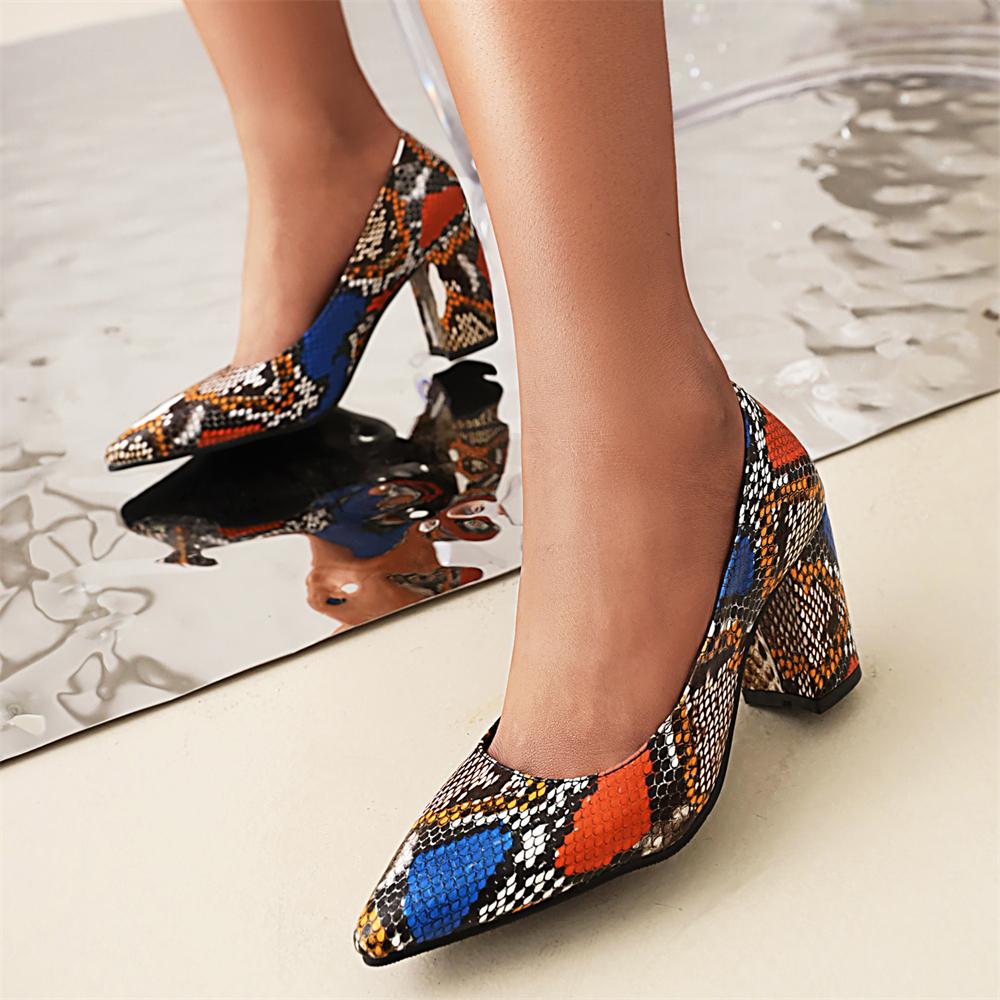 Fashion New Women Pumps Snake Pattern Printing High Heels 7.5cm Lady Shallow Thick Heel Autumn Dress Party Pointed Single Female Shoes