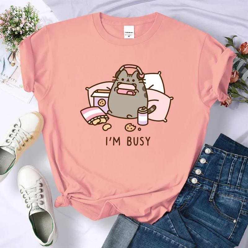 Sorry I'm Busy Cat Playing Games with Headphones T Shirt Female New T-shirts New Street Tops Summer Sleeved Harajuku Streetwear