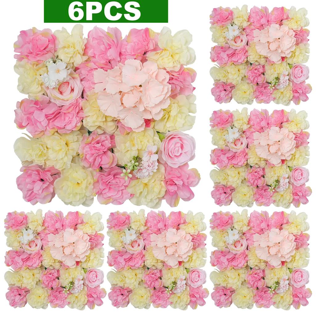 6Pcs Artificial Flowers Wall Panels Decorative Silk Rose Flower Hydrangea Floral Panels for Background Home Wedding Party Décor