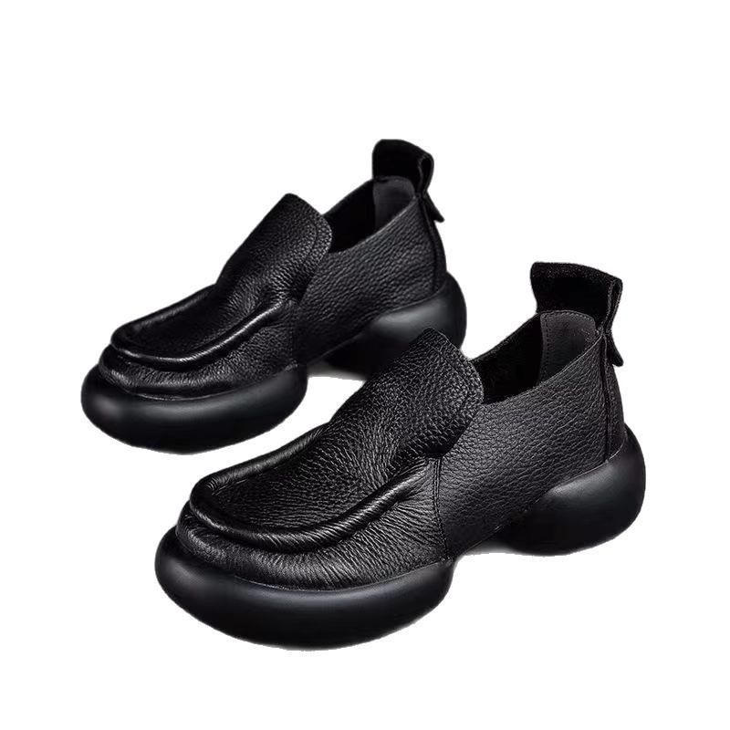 One pedal is not tired, autumn retro style, round head, comfortable and casual thick-soled small leather shoes for women