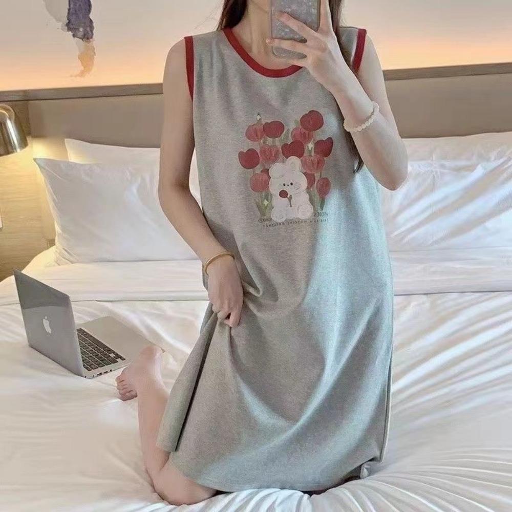 Summer Thin Large Size Loose Vest Nightgown New Sleeveless Cartoon Mid-length Home Clothing for Outdoor Wear