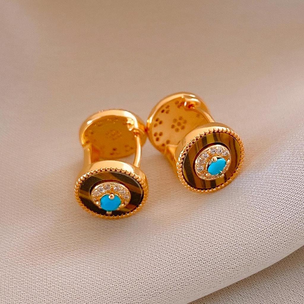 Silver Needle Tiger Eye Round Geometric Pendant Earrings - Retro Millard Style Studs with Unique Niche Design