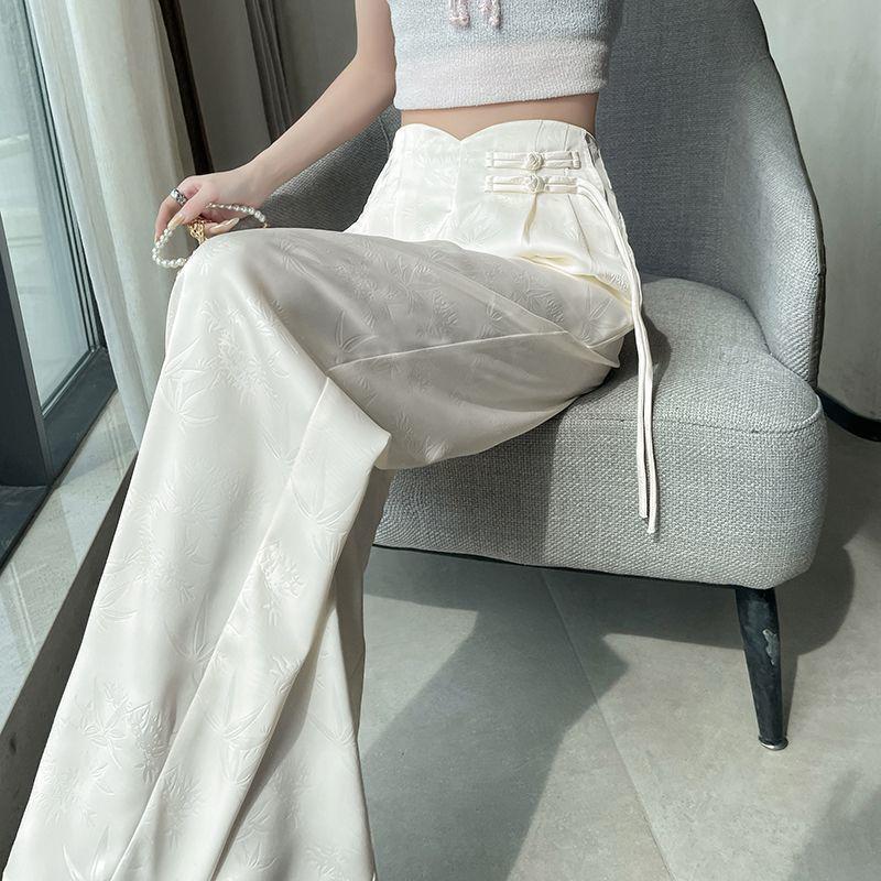 2026 Spring/Summer Chinese Style Satin Wide-Leg Frog Button Pants - Women's Slimming Straight-Leg, Floor-Length Business Trousers