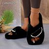 Fashion Luxury Pearl Chain Decoration Short Plush Slides Women 2025 Autumn Round Toe Low Heel Slippers Warm Faux Fur Indoor Slippers
