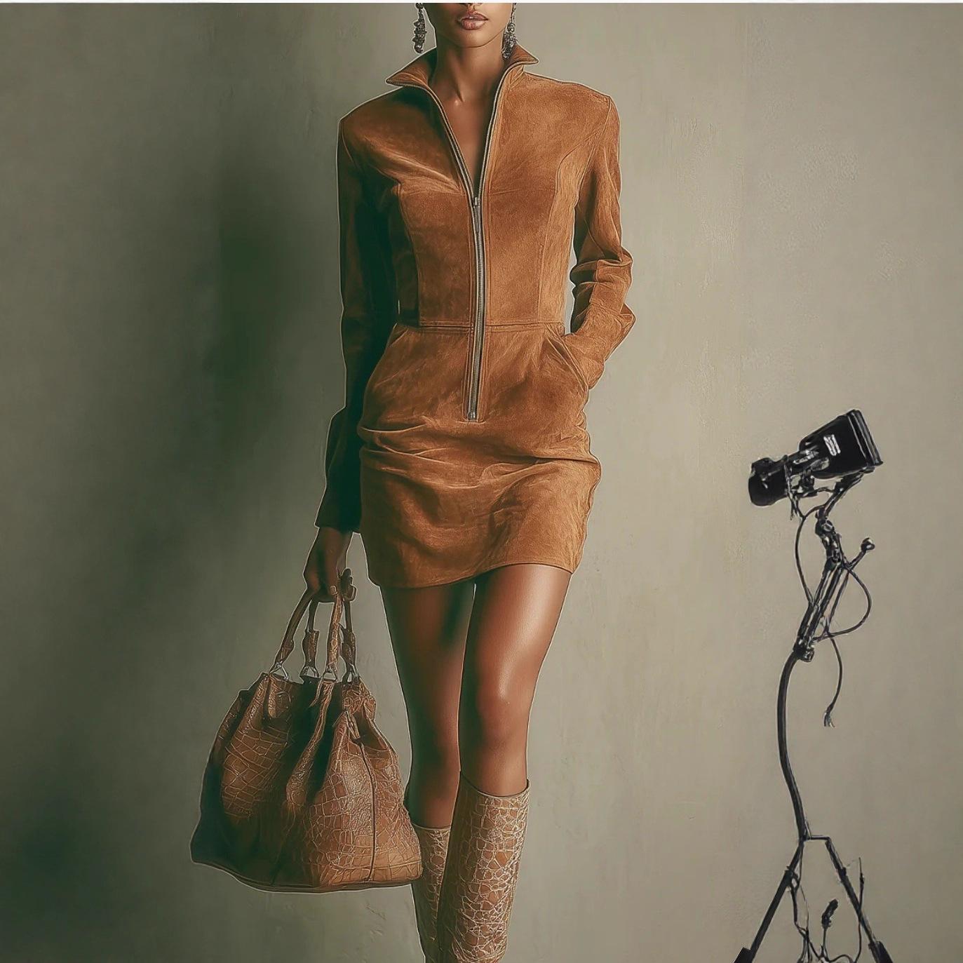 Europe and the United States 25 new fashion new suede zipper pocket long sleeve stand-up collar dress S