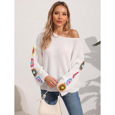 Dames Herfst Winter Lijn Hals Off-shoulder Losse Top Gemengde Kleur Haak Bloem Trui