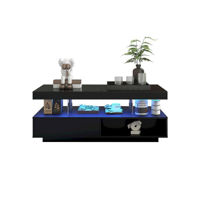Table Basse - MUVOE - 95x50x42,5 Cm - Noir Brillant - 4 Plateaux En Verre - 2 Tiroirs
