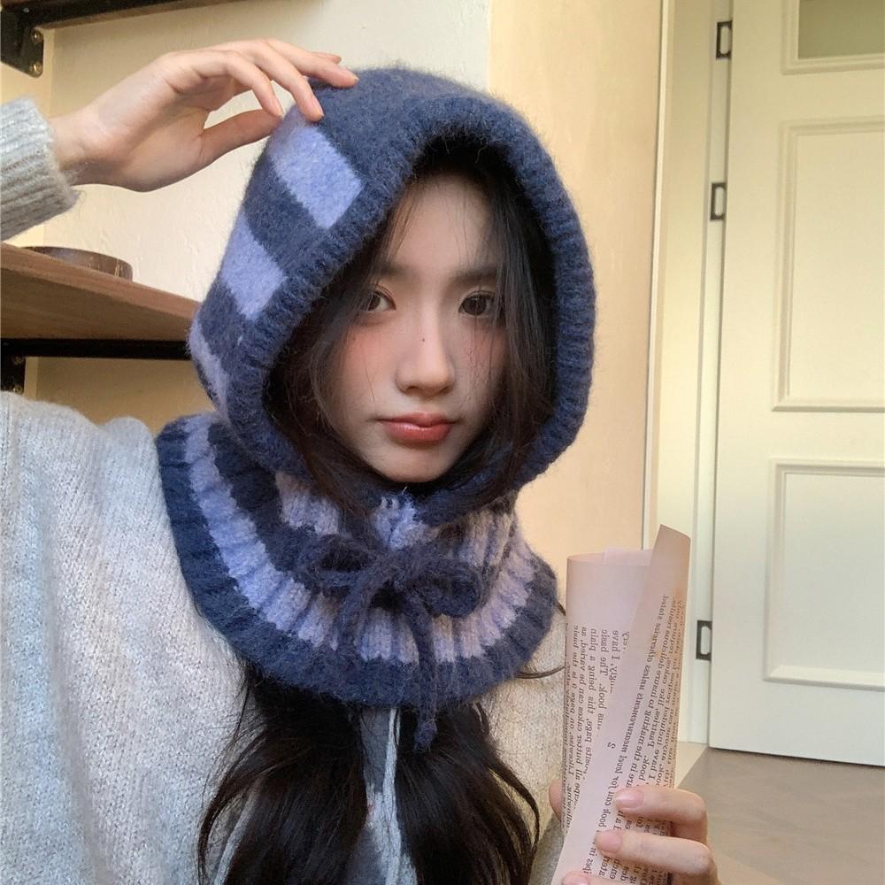 Striped Balaclava Hat Women's Autumn and Winter Cold and Warm Scarf Integrated Knitted Wool Hat Big Head Circumference Versatile
