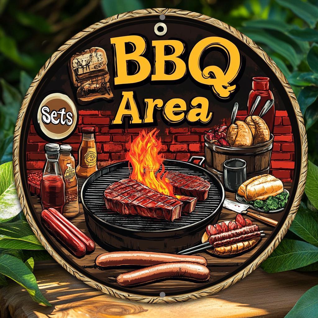 Vintage Grillplatz Steak Wurst Lebensmittel Grafik Rund D Flaches Metallblechschild Retro Grill Wandplakette für Außenbereich Terrasse Küche Dekor
