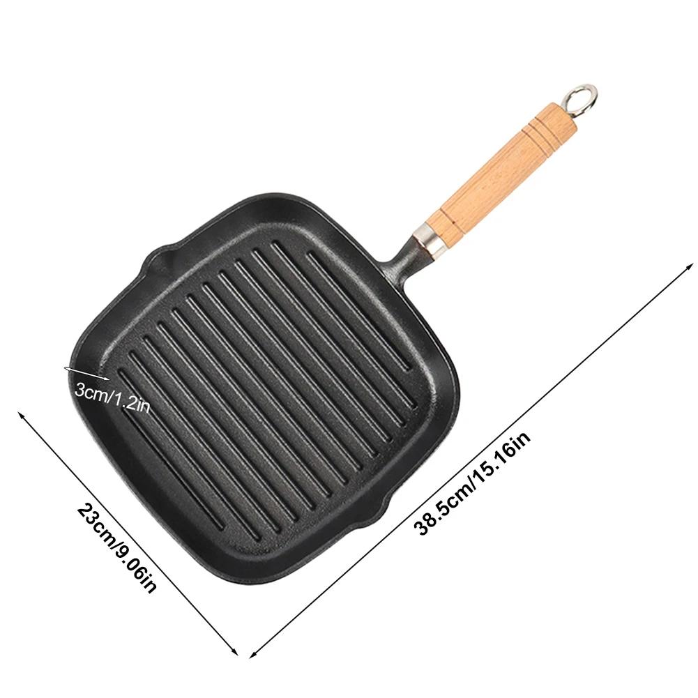 Cast Iron Grill Pan Non-Stick Square Skillet with Drip Spout with Wooden Handle for Indoor & Outdoor Grilling