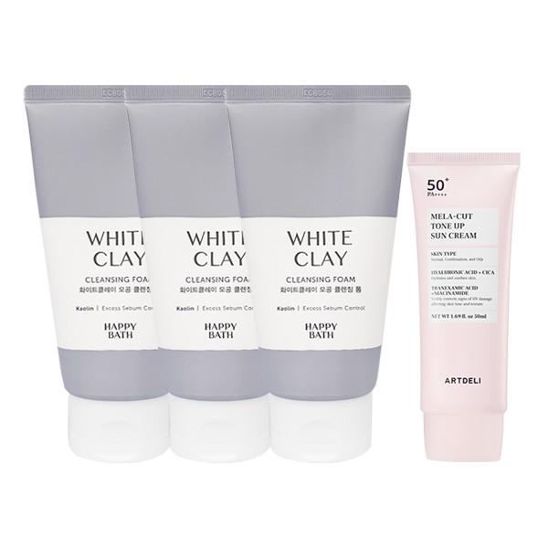 HAPPY BATH White Clay Cleansing Foam 150g x3 + ARTDELI Melacut Sunscreen 50ml