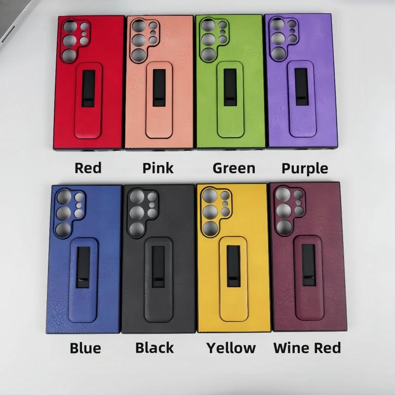Faux Leather Cover with Invisible Bracket for Samsung Galaxy S24 S23 S22 S21 Ultra Plus + Kickstand Ring Holder Stand Phone Case