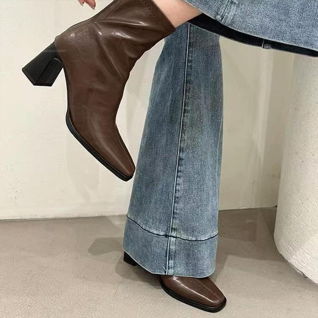 Skinny Premium Soft-soled Rear Zipper High-heeled Thick-heeled Short Boots Skinny Small Fragrant Versatile Elastic Boots