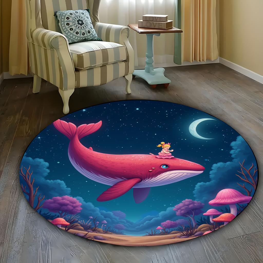 Whale Girl Fantasy Round Rug Dreamy Night Sky Flannel Floor Mat for Kids Bedroom Storybook Theme Magical Non Slip WashableCarpet