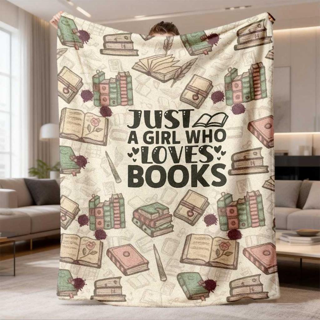 Just a Girl Who Loves Books Flannel Throw Blanket - Bohemian Suitable for - Soft Bedspread with Whimsical Book Illustrations, Hypoallergenic Machine W