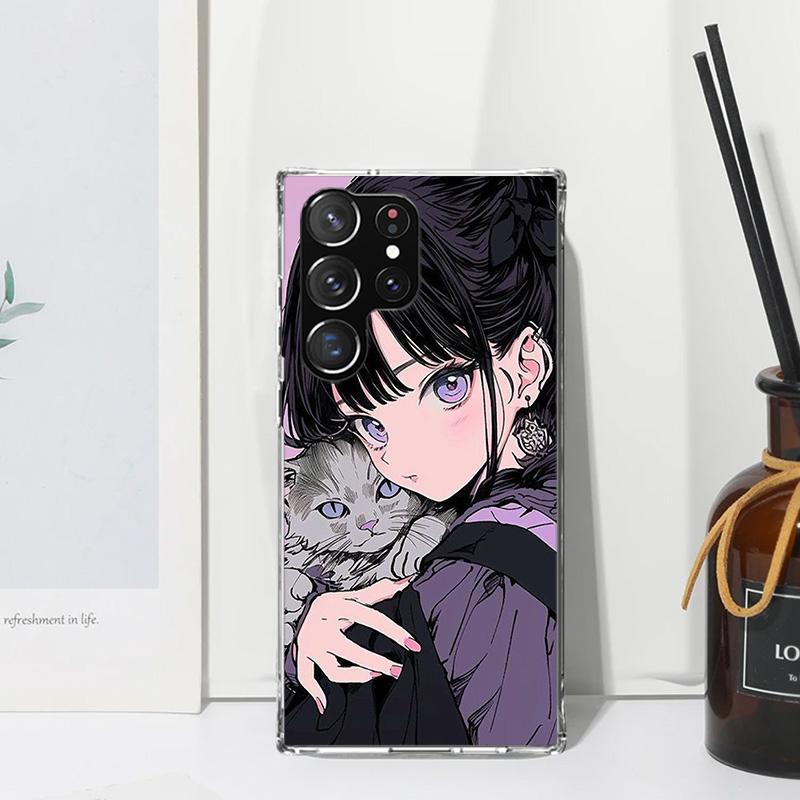 Anime Girls Cute Black Cat Phone Case For Samsung Galaxy S26 S25 Edge S24 FE S23 S22 Ultra S21 Plus S20 + Art Fundas Back Cover