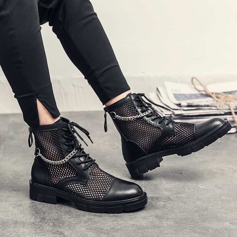 

Fashion New Fashion Korean Edition Chelsea Boots Men Boots Pointed Black Mesh Face Breathable Lace up Business Dress Boots Size 38-46 46 чёрный