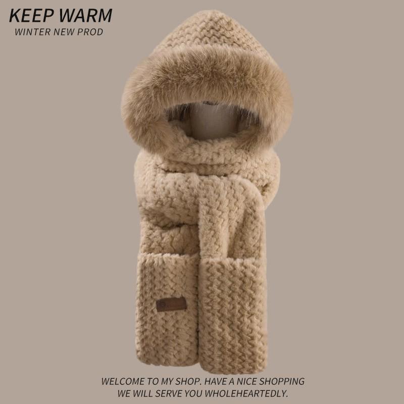 Womens Winter Warm Fleece Hat Scarf Gloves Set With Hood Ear Protection Cute Cartoon Design