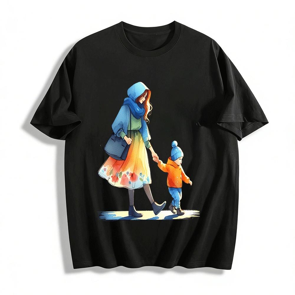 

Watercolor Print Mom And Kid Holding Hands Casual Top Pure cotton T-shirt XXS