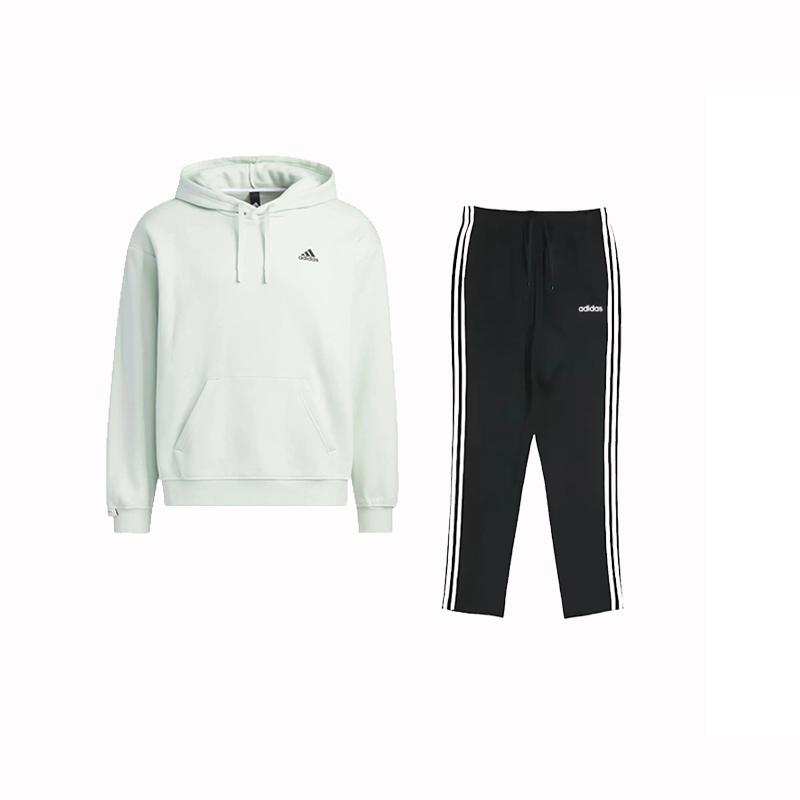 

Adidas Hooded Kangaroo Pocket Sweatshirt With Side Three Stripes Knit Drawstring Pants Casual Sports Set Men Set IV7593+-DU0456 S