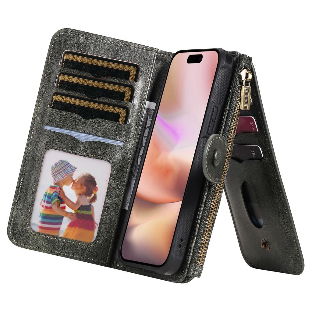 For iPhone 16 Plus Magnetic Case Detachable PU Leather Zipper Wallet Cover