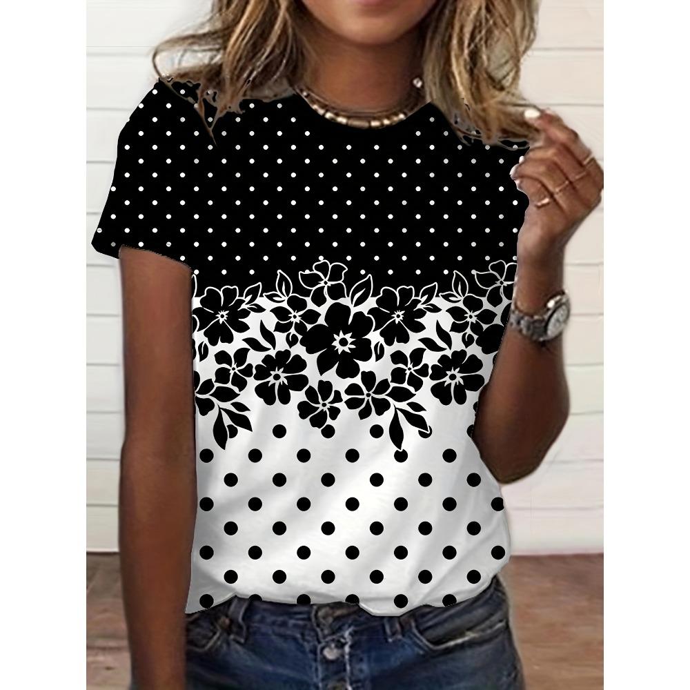 Women's Fashion T Shirt Oil Floral Pattern Fashion Short Sleeve Round Neck Short Sleeve T Shirt Top Casual Short Sleeve T Shirt