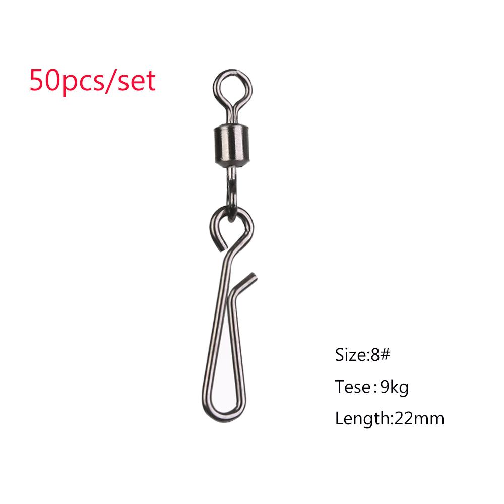 50pcs Fishing Snap Connector with Pin Rolling Swivel Stainless Steel Heavy Duty Ball Bearing Barrel Solid Ring Size 2# To 10#