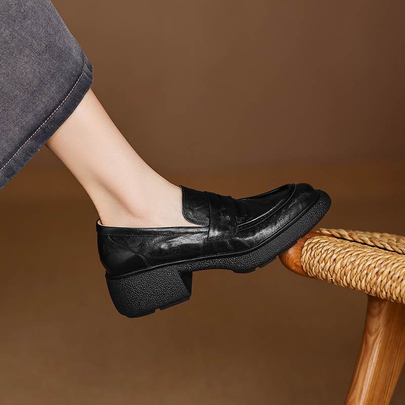 Krazing Pot Sheepskin Autumn Winter Shoes Slip on Chunky Heels Oxford Shoes Size 43 Round Toe Deep Mouth Waterproof Pumps