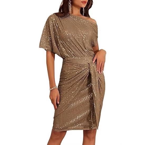 Shiny Sequin Trim One-Shoulder Beaded Mesh Formal Dress for Women