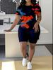 1116 new casual sports style digital printing shoulder sleeve T-shirt high waist tight shorts fashion suit women