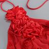 Elegant Red Halter Neck Evening Dress with Embroidered Detail