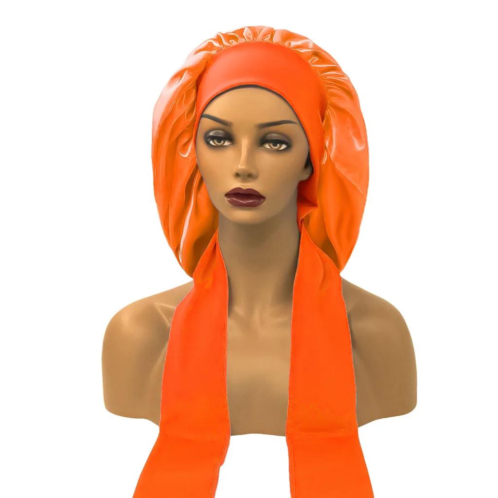 Women Satin Widened Sleep Hat Night Sleep Cap with Long Streamer Hair Care Bonnet Nightcap Shower Turban