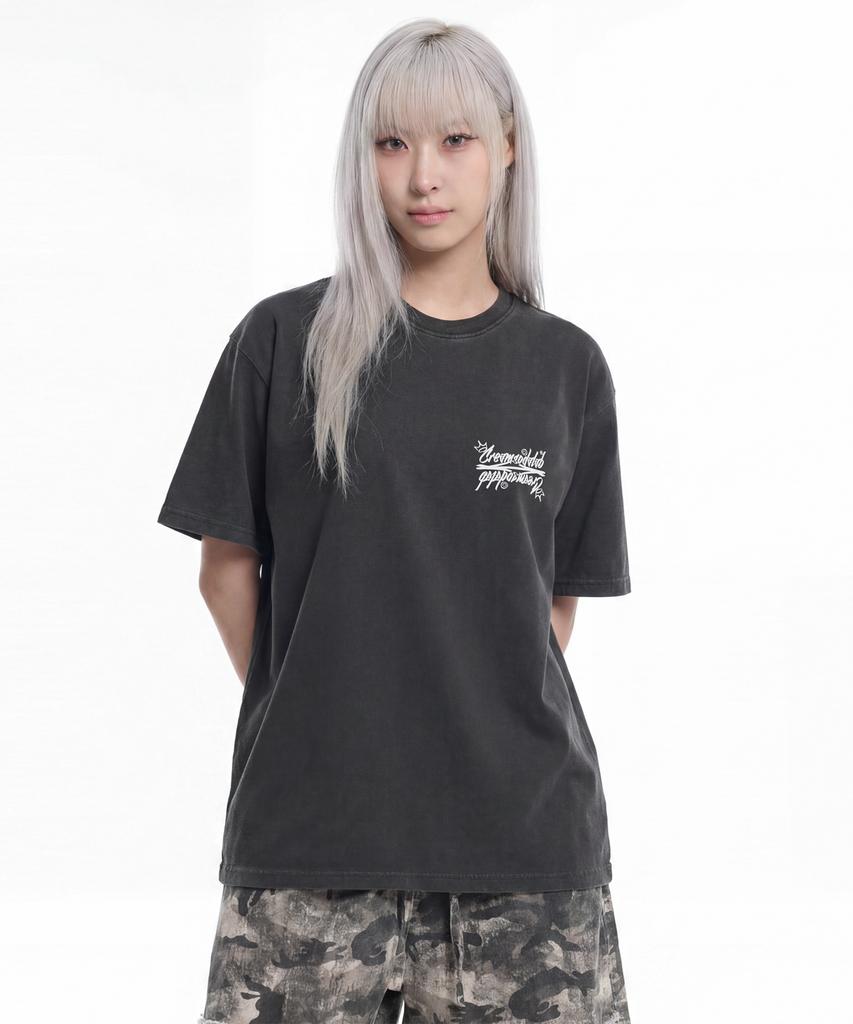 CREAM SODA LAB Crsdel Small Logo Garment Dyed Pigment Short Sleeve T-Shirt Smoky Charcoal White
