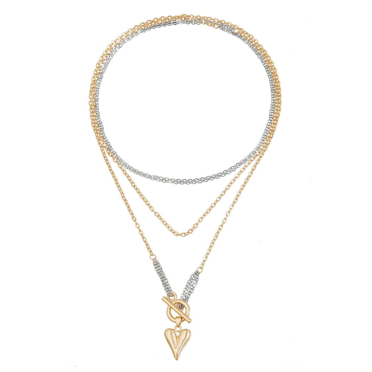 

Retro-feeling gold and silver splicing color love long stacked necklace simple OT buckle necklace decoration