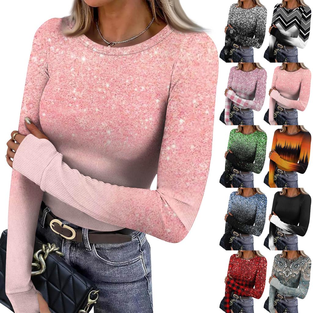 Women's  And Winter Slim Bottom T-shirt Fashion Casual Gradient Printing Round Neck Pullover Long Sleeve Top