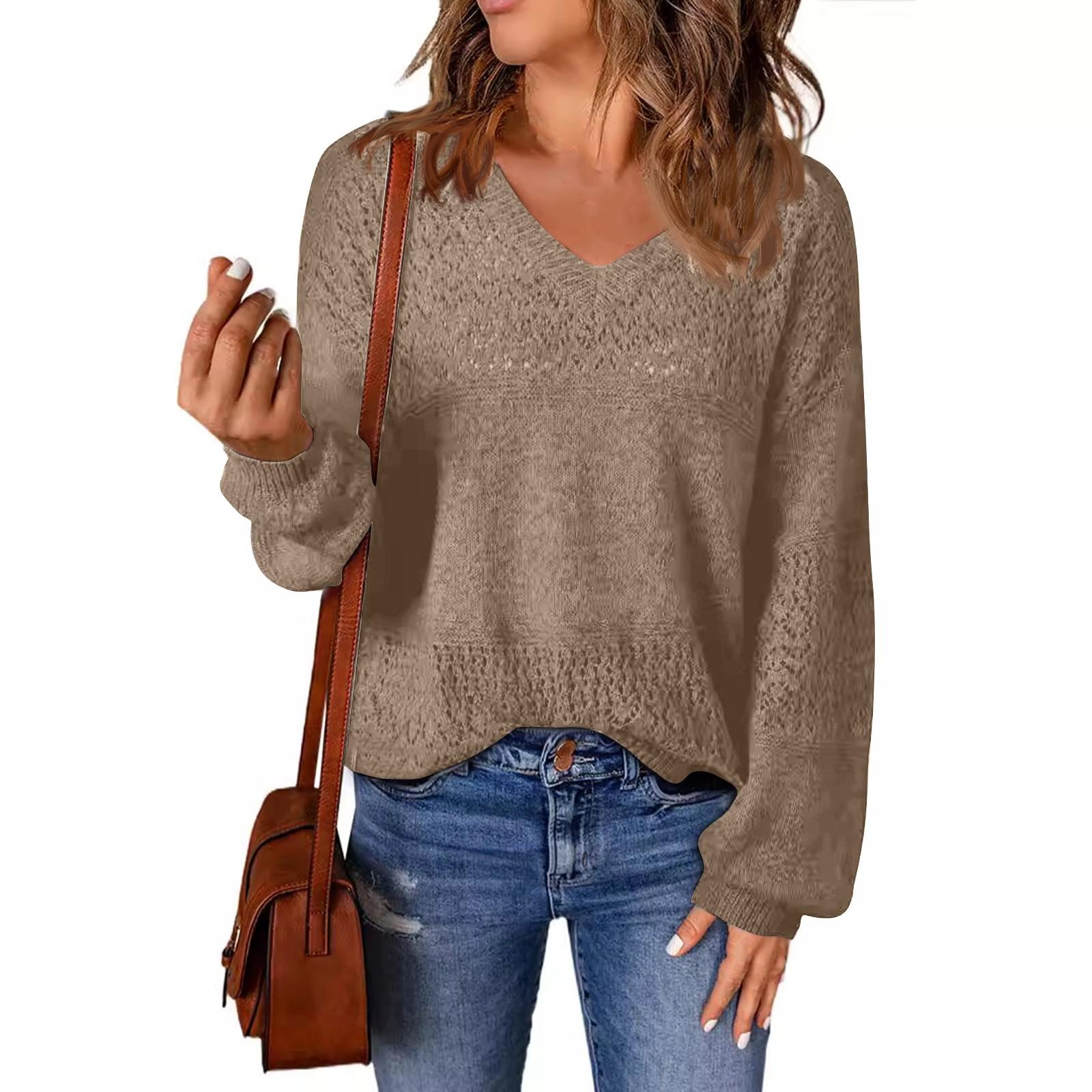 

Модный свитер женский осенний однотонный пуловер свободный V-образный вязаный топ XL