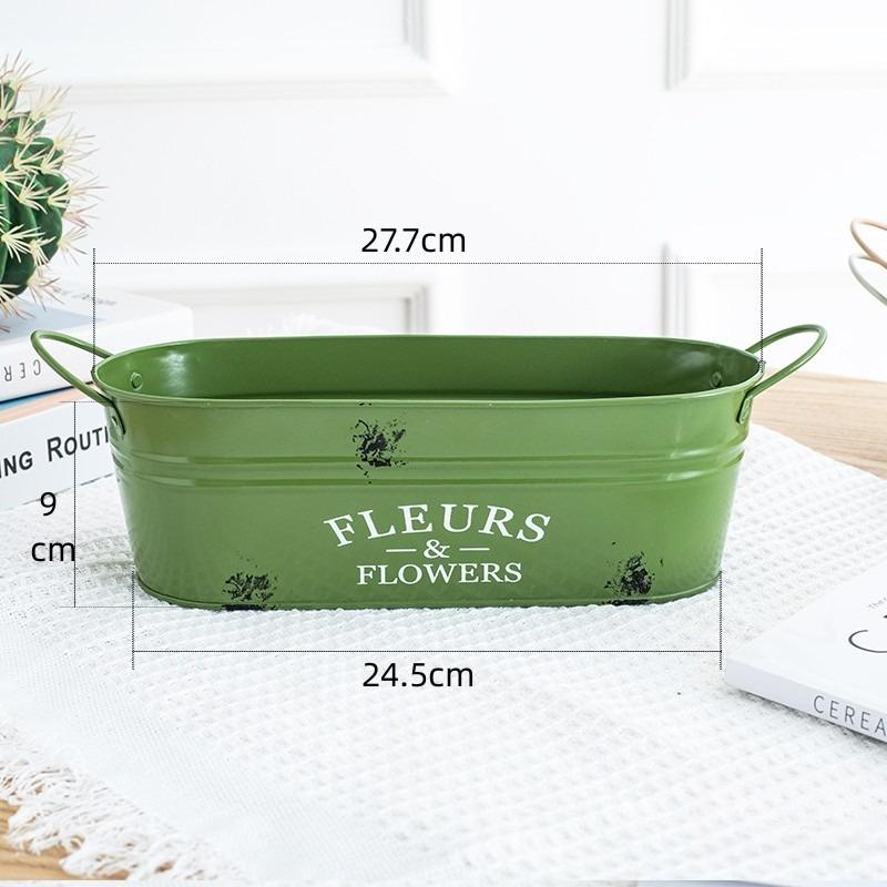 Retro Ellipse Iron Flower Pot with Handles Farmhouse Style Metal Planter for Succulents Desktop & Balcony Decor