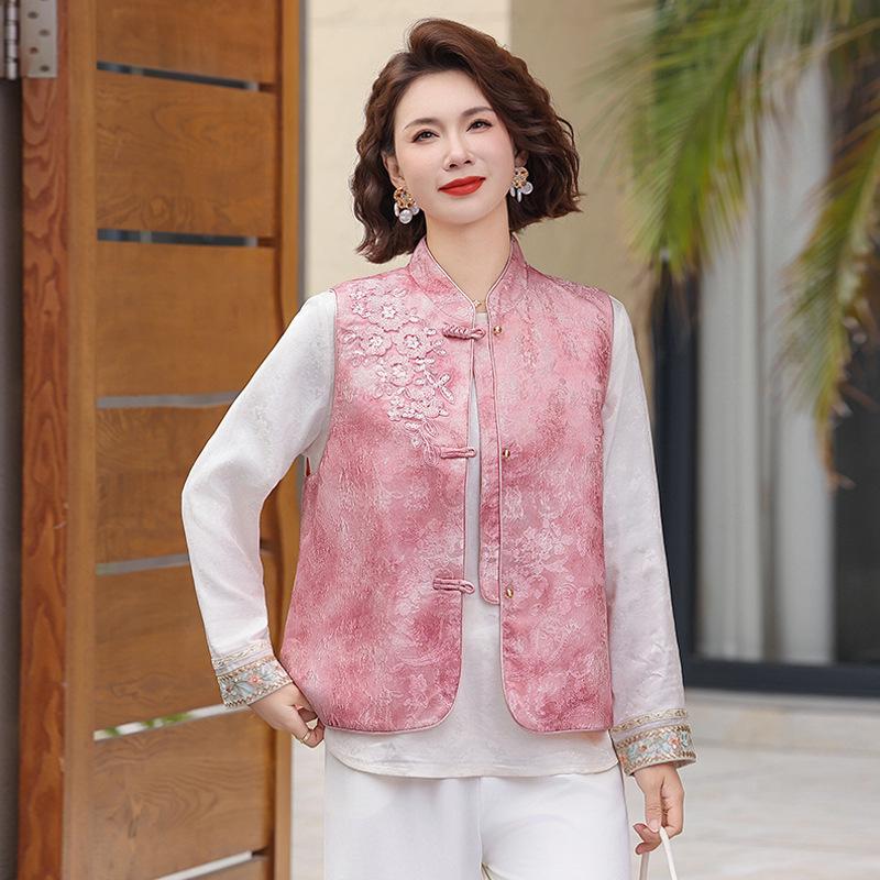 Spring New Chinese Style Embroidered Frog Button Vest & Retro Jacquard Waistcoat Set for Women