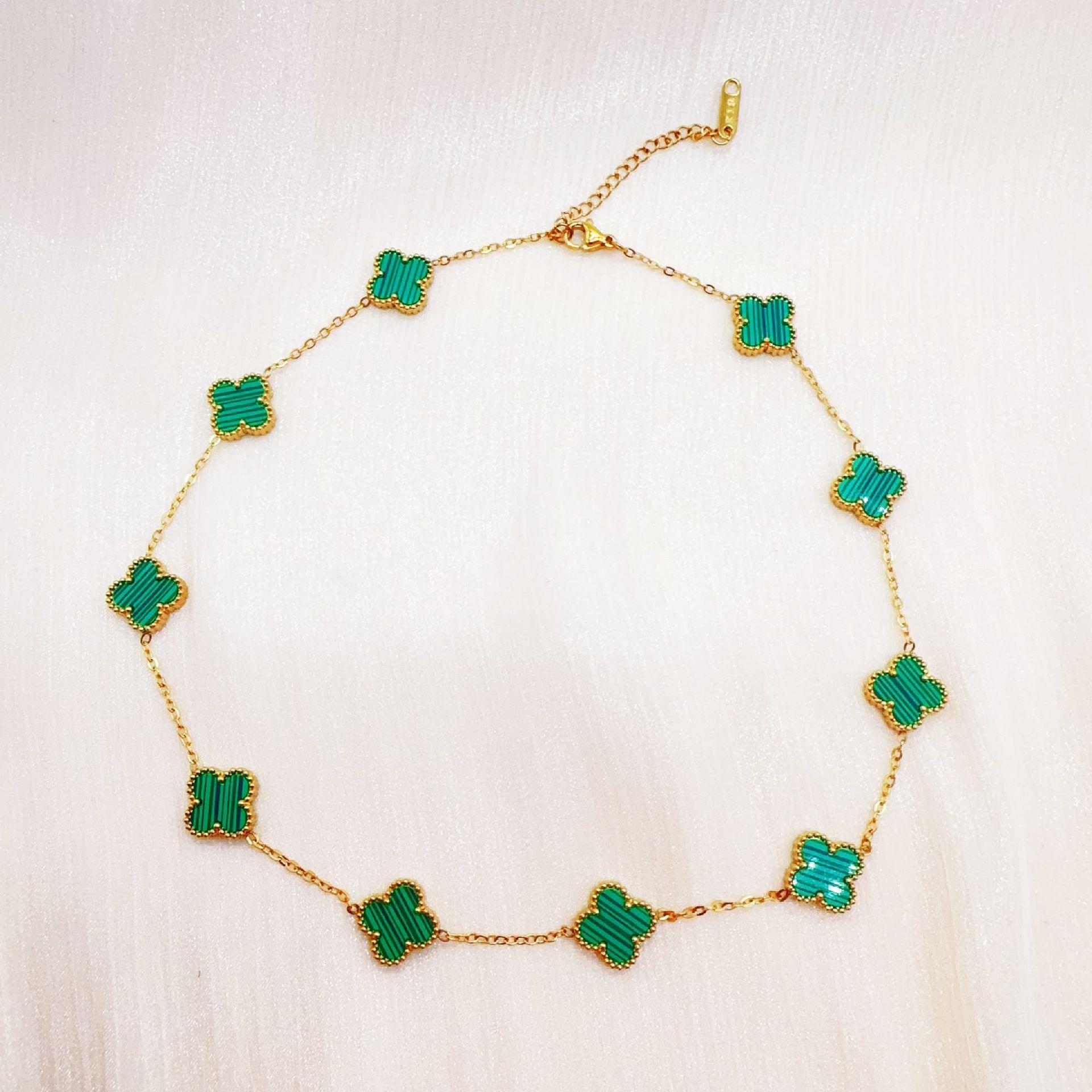 

Двустороннее ожерелье из титановой стали с десятью цветами и четырьмя листами клевера для женщин, не теряющих цветового темперамента, цепочка на ключицу, ювелирные изделия зелёный