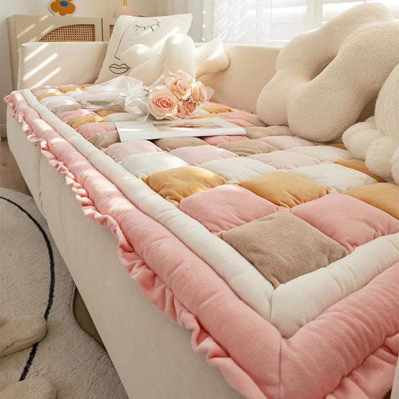 All-season Universal Plush Anti Slip Sofa Mat Color Blocking Checkered Sofa Cushion Bedroom Tatami Mat Children's Crawling Mat